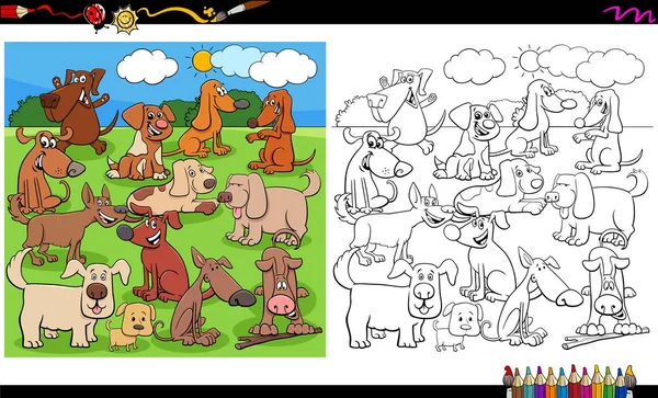 Cachorros y perros personajes grupo para colorear página del libro — Vector de stock