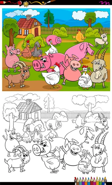 Çiftlik hayvanları karakter grubu renk kitabı sayfası — Stok Vektör