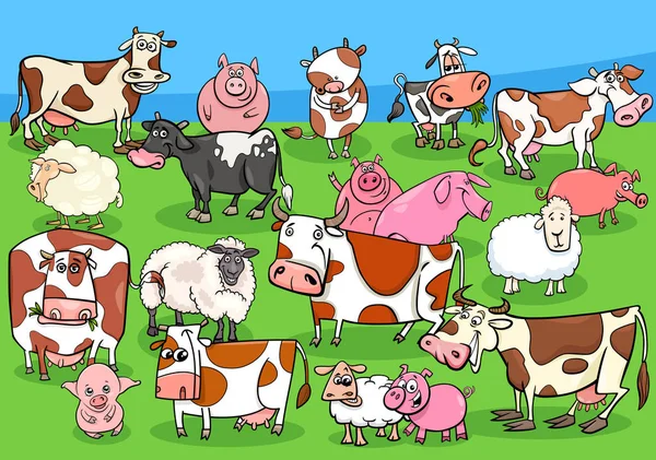 Animales de granja personajes de dibujos animados grupo en el prado — Vector de stock