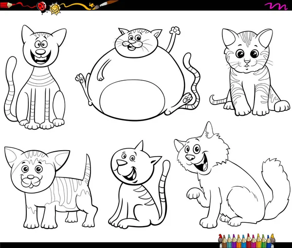 Desenhos animados gatos e gatinhos conjunto de colorir página do livro — Vetor de Stock