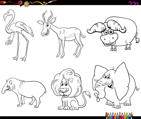 Cartoon animal characters set coloring book page — Stock Vector