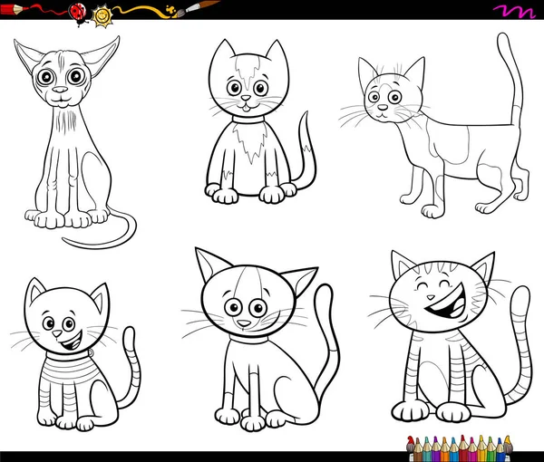 Cartoon cats and kittens set color book page — Stock Vector