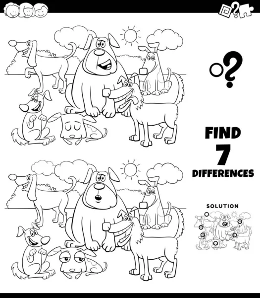 Differences coloring game with dogs group — Stock Vector