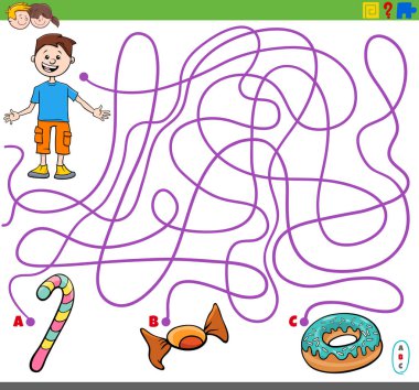 Erkek ve tatlı yiyecek nesneleriyle labirent oyunu