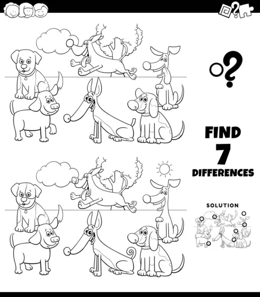 Differences coloring game with funny dogs group — Stock Vector