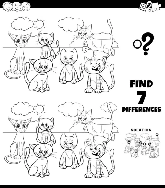 Différences jeu de coloriage avec bande dessinée chats groupe — Image vectorielle