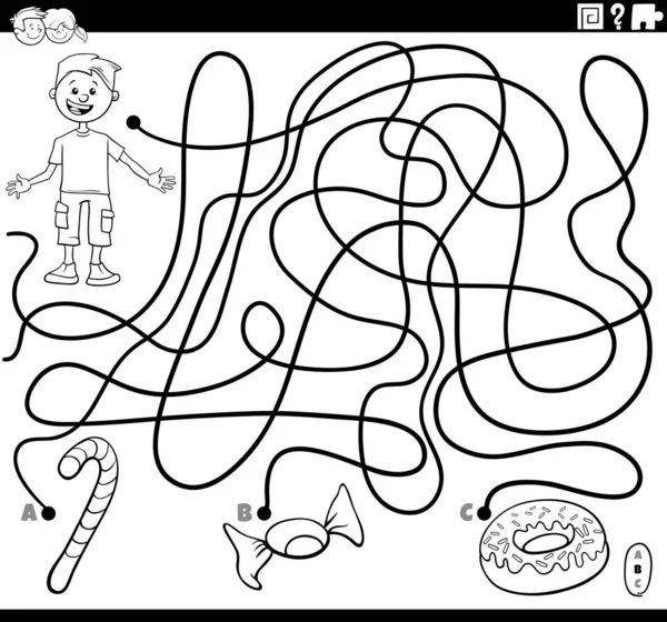 Labyrinthe avec garçon et nourriture sucrée page de livre de coloriage — Image vectorielle