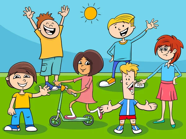 Feliz niños y adolescentes personajes de dibujos animados grupo — Archivo Imágenes Vectoriales