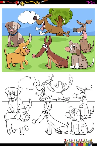 Doga and puppies characters group color book page — Stock Vector