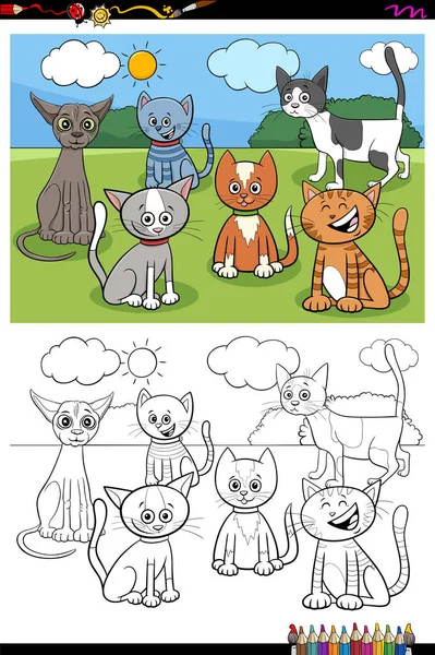 Cats and kittens characters group color book page — Stock Vector