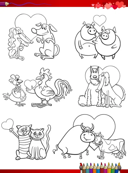 Animal couple in love cartoons coloring book page — 스톡 벡터
