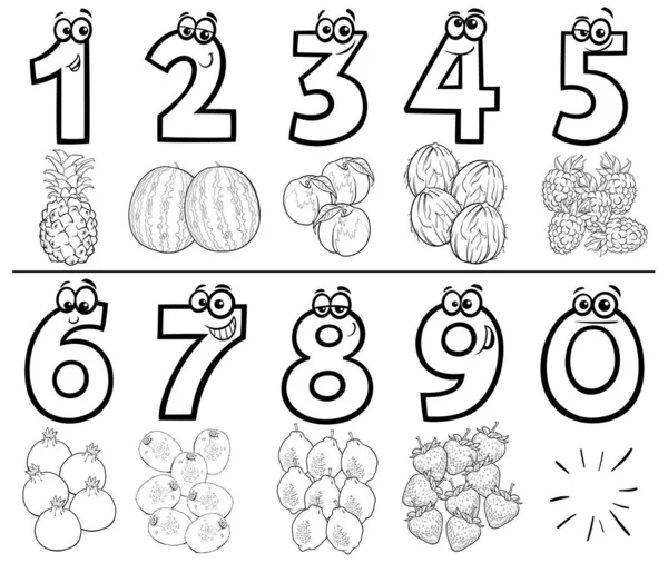 Cartoon numbers set coloring book page with fruits — Stock vektor