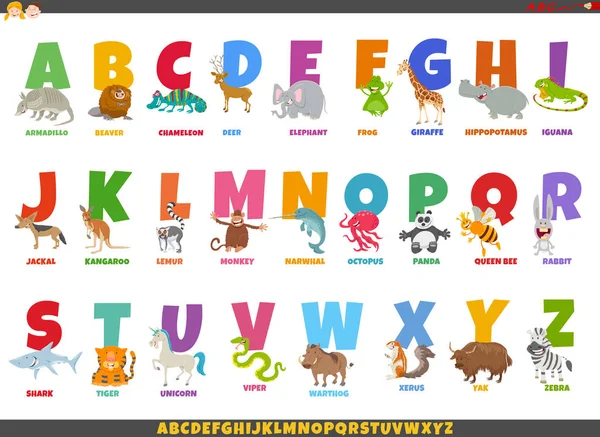 Alphabet de dessin animé avec des personnages animaux heureux — Image vectorielle