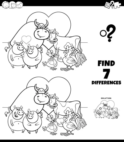 Diferencias para colorear juego con animales en el amor — Vector de stock