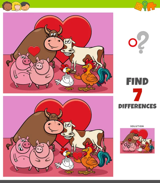 Differences game with farm animals in love — Stock vektor