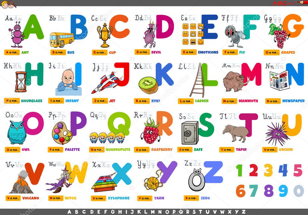 Alphabet with Cartoon Characters and Objects set