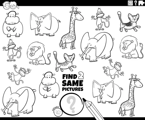 Find two same animals game coloring book page — Stock Vector
