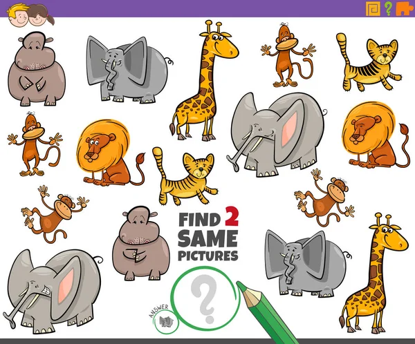 Encontrar dos mismo juego de personajes de animales para niños — Vector de stock