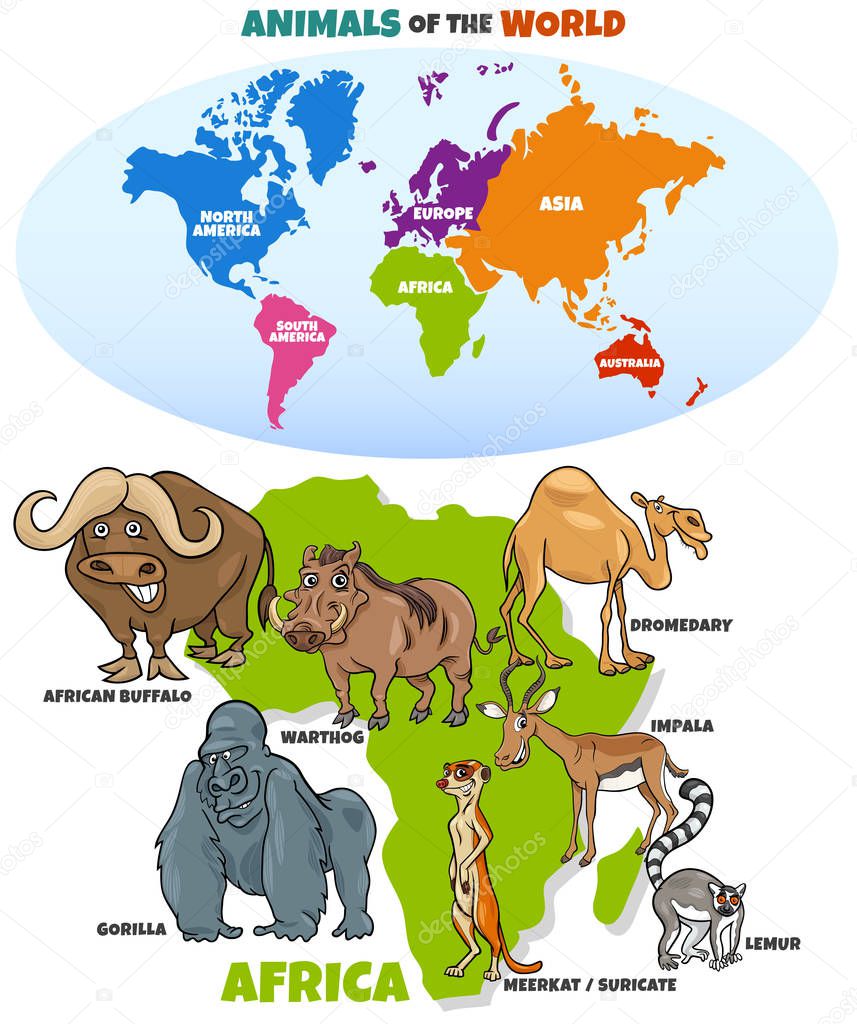 educational illustration of funny African animals