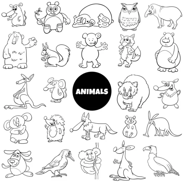 Képregény állat karakterek nagy készlet színes könyv oldal — Stock Vector