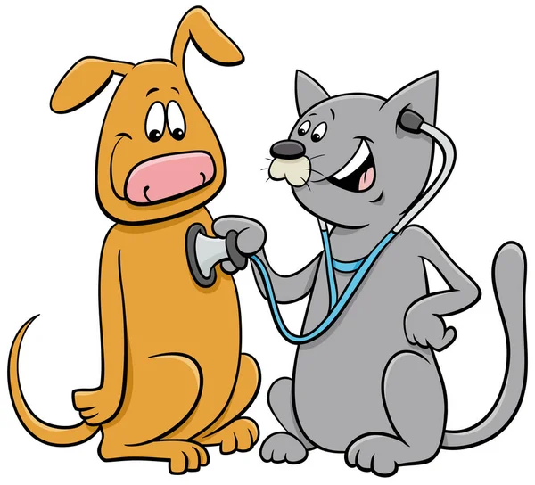 Cat examining the dog with stethoscope cartoon — Stock Vector