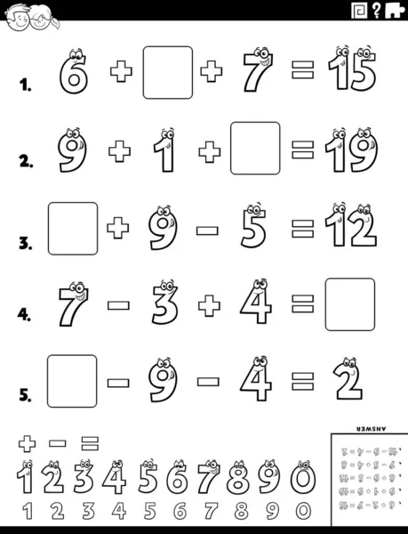 小学生向け教育数学計算ワークシートのモノクロ漫画イラスト — ストックベクタ