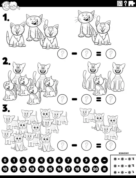 Kedili Kedili Çocuklar Için Eğitimsel Matematiksel Çıkartma Bulmaca Oyununun Siyah — Stok Vektör