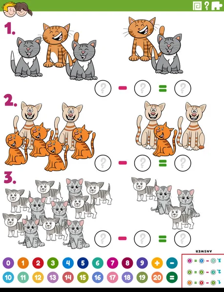 Cartoon Illustration Educational Mathematical Subtraction Puzzle Game Children Cats Kittens — стоковий вектор