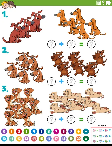 Ilustración Dibujos Animados Adición Matemática Educativa Tarea Rompecabezas Para Niños — Vector de stock