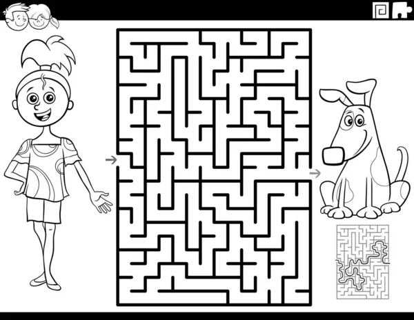 Black White Cartoon Illustration Educational Maze Puzzle Game Children Girl — стоковый вектор