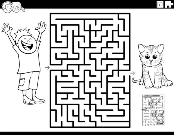 Black White Cartoon Illustration Educational Maze Puzzle Game Children Boy — Stock Vector