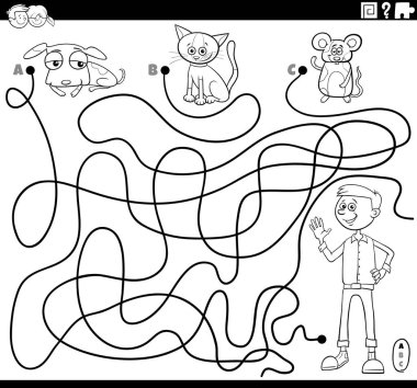 Oğlan ve Sevimli Evcil Hayvanlar Karakterleri Renkli Kitap Sayfası ile Siyah ve Beyaz Çizgi Roman Maze Bulmaca Oyunu