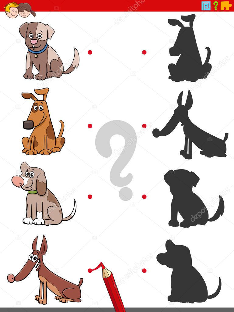 Cartoon Illustration of Match the Right Shadows with Pictures Educational Task for Children with Funny Dogs or Puppies Animal Characters