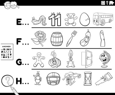 Okul Öncesi veya İlkokul Çocukları Boyama Kitabı Sayfası için Referanslı Harf Eğitimsel Oyun Çalışma Kağıdıyla Başlayan Siyah ve Beyaz Resim Bulma Çizgisi
