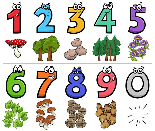 Cartoon Illustration Educational Numbers Set One Nine Nature Objects — Stock Vector