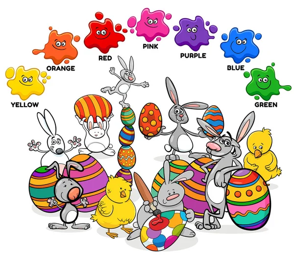 Educational Cartoon Illustration Basic Colors Easter Bunnies Chicks Characters Group — Stock Vector