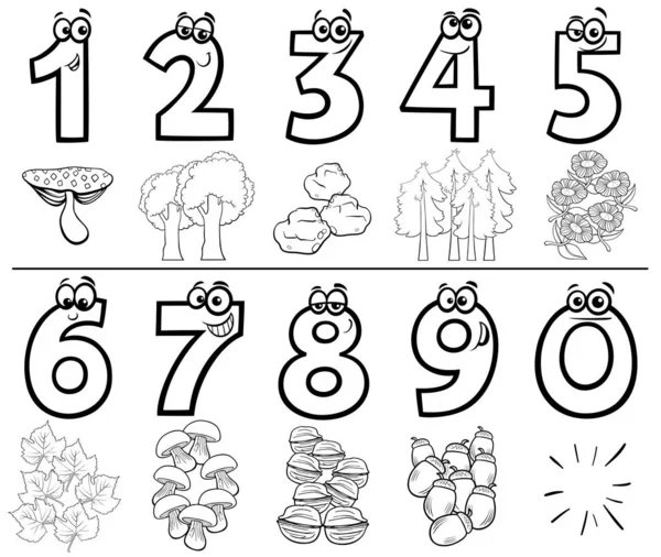 Illustrazione Bianco Nero Dei Cartoni Animati Numeri Educativi Impostati Uno — Vettoriale Stock