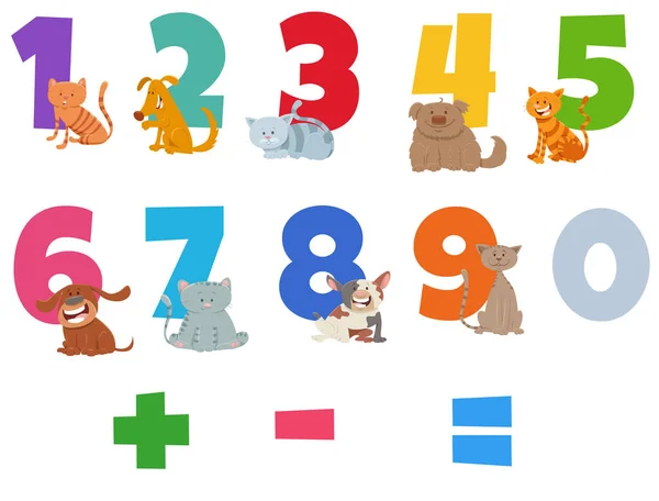 Cartoon Illustration Numbers Set Van Tot Met Happy Cats Dogs — Stockvector