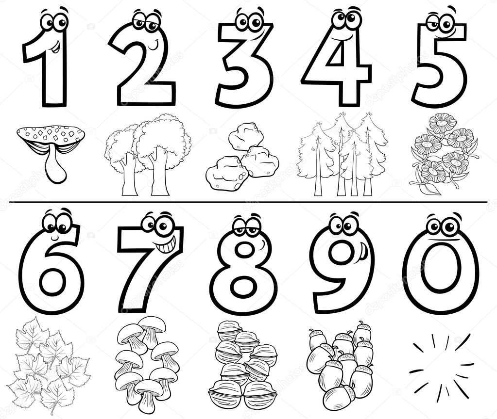 Black and White Cartoon Illustration of Educational Numbers Set from One to Nine with Nature Objects Coloring Book Page