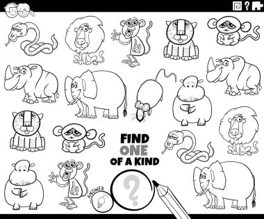 Vahşi hayvan karakterleri boyama kitabı sayfası olan eğitici bir resim oyunu bul.