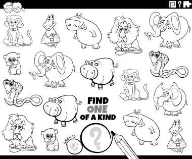 Mutlu Vahşi Hayvan Karakterleri Boyama Sayfası ile İyi Bir Resim Eğitim Oyunu 'nun Siyah ve Beyaz Çizgi Film Çizimi