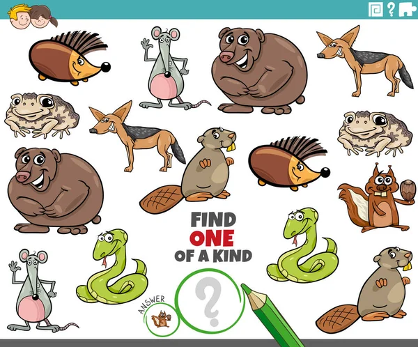 面白い野生動物のキャラクターを持つ種類の画像教育ゲームの1つを見つけるの漫画イラスト — ストックベクタ