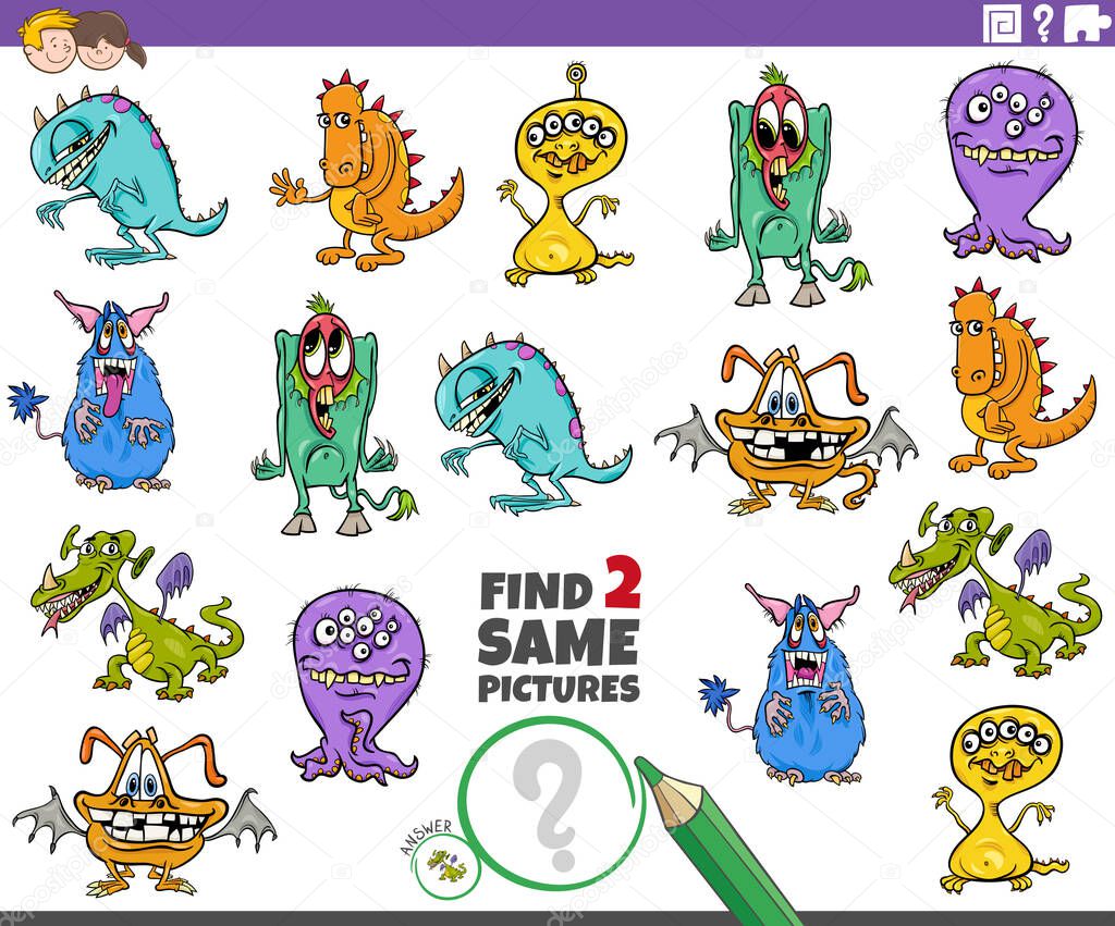 Cartoon Illustration of Finding Two Same Pictures Educational Game for Children with Funny Monsters Fantasy Characters