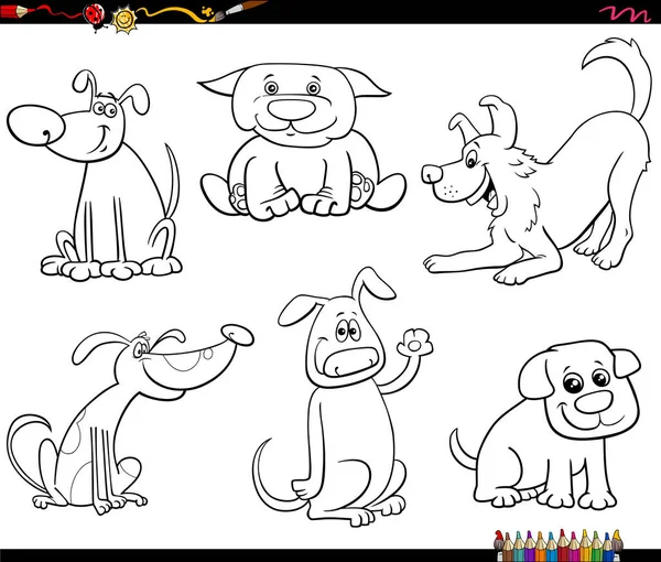 黒と白の漫画犬と子犬のイラスト動物かわいいキャラクターセットぬり絵ブックページ — ストックベクタ
