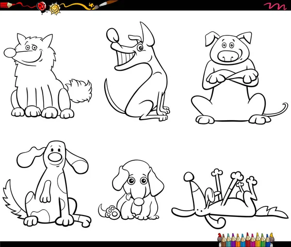 Black White Cartoon Illustration Dogs Puppies Animal Funny Characters Set — Stock Vector