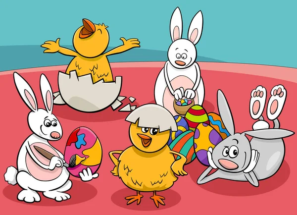 面白いイースターバニーと色の卵とチックキャラクターの漫画イラスト — ストックベクタ