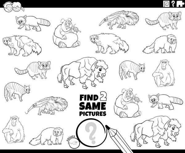 为具有滑稽野生动物特征的儿童找到两个相同图片教育任务的黑白卡通图解 — 图库矢量图片
