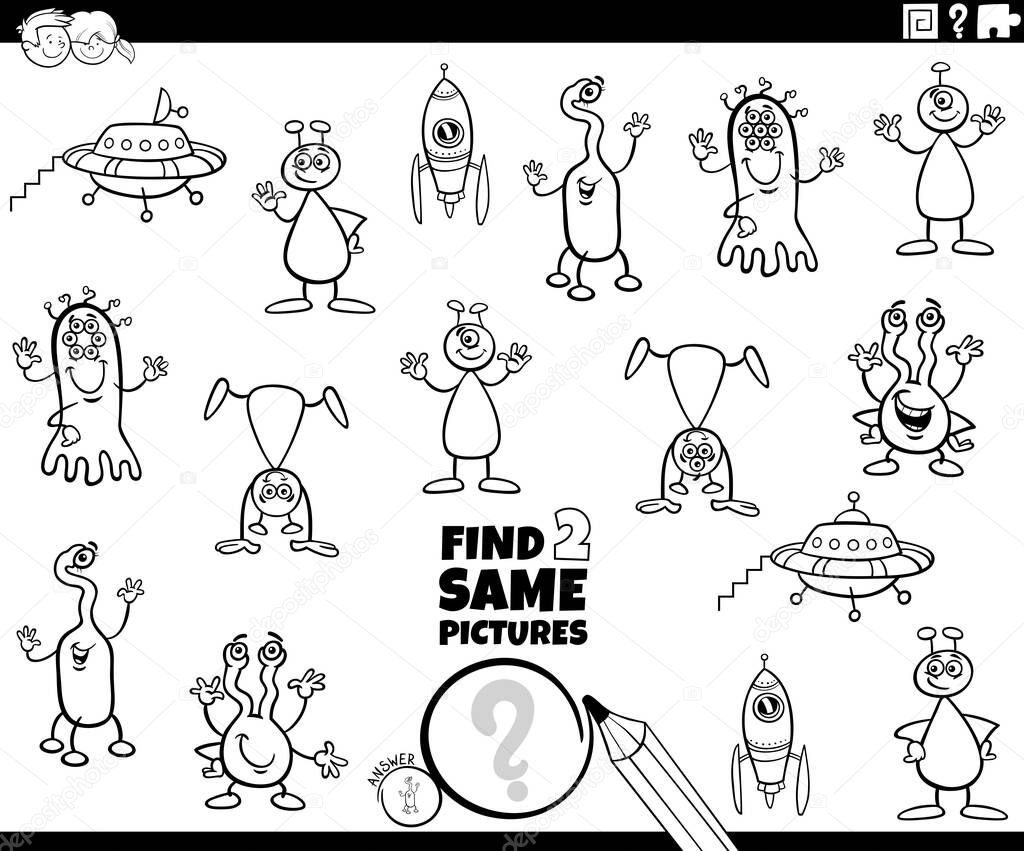 Black and White Cartoon Illustration of Finding Two Same Pictures Educational Game for Children with Funny Aliens Fantasy Characters Coloring Book Page