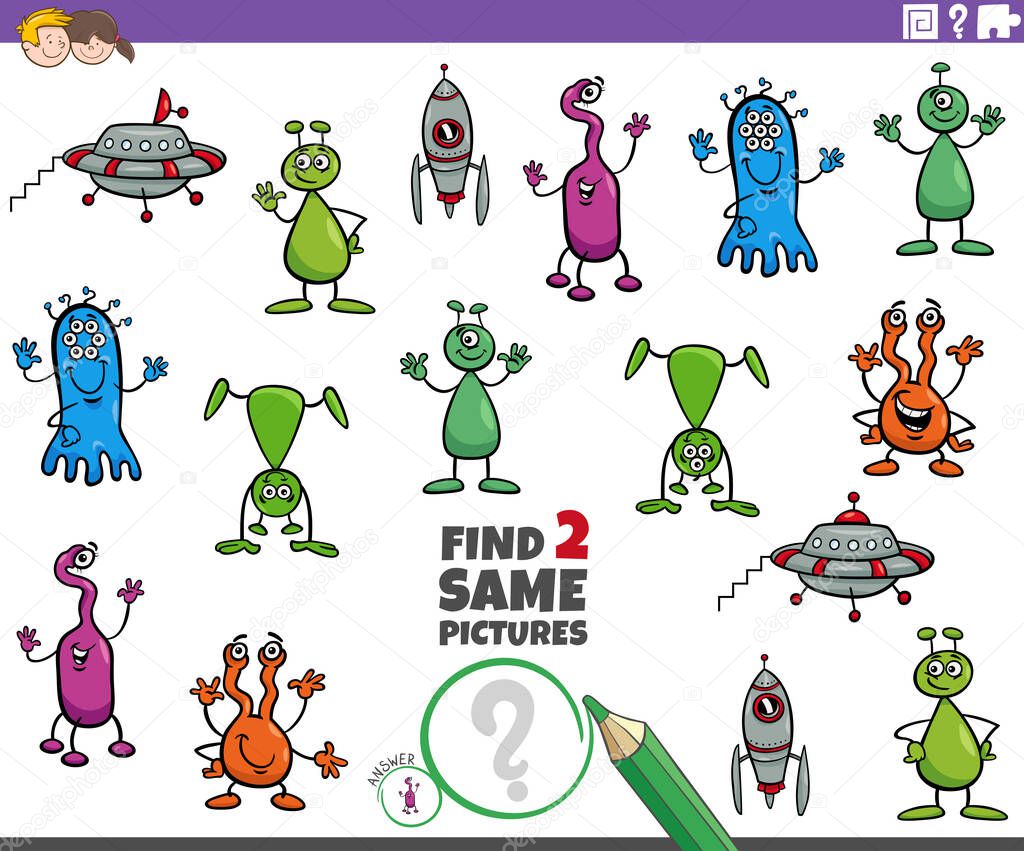 Cartoon Illustration of Finding Two Same Pictures Educational Game for Children with Funny Aliens Fantasy Characters