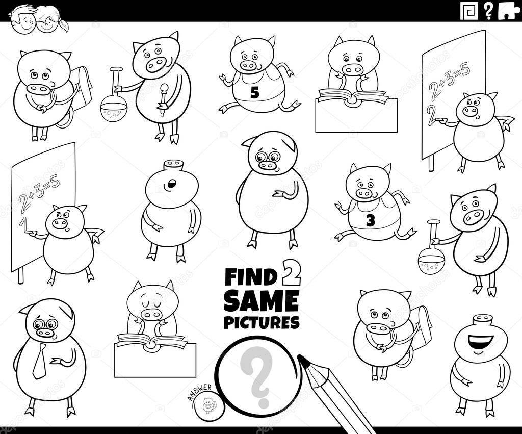Black and White Cartoon Illustration of Finding Two Same Pictures Educational Game for Children with Pupil Pig Characters Coloring Book Page